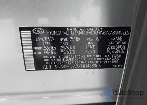 2022 Hyundai Santa Fe Sel из США, поврежденный, VIN 5NMS2DAJXNH463806